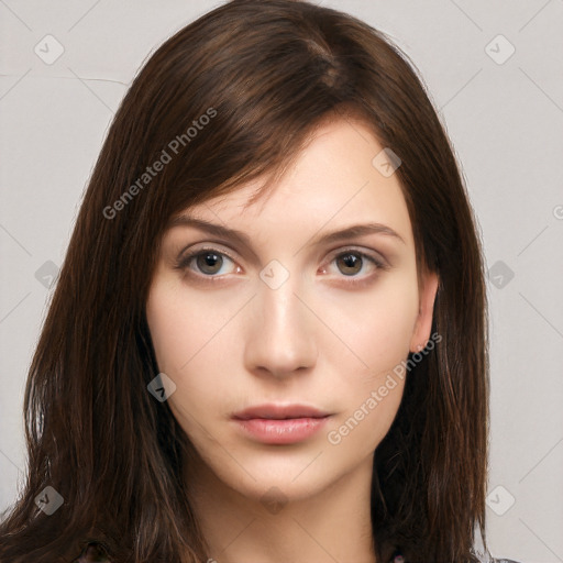 Neutral white young-adult female with long  brown hair and brown eyes