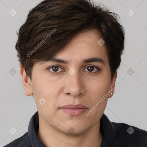 Neutral white young-adult male with short  brown hair and brown eyes