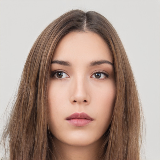 Neutral asian young-adult female with long  brown hair and brown eyes