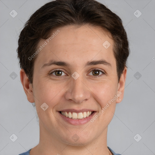 Joyful white young-adult female with short  brown hair and grey eyes