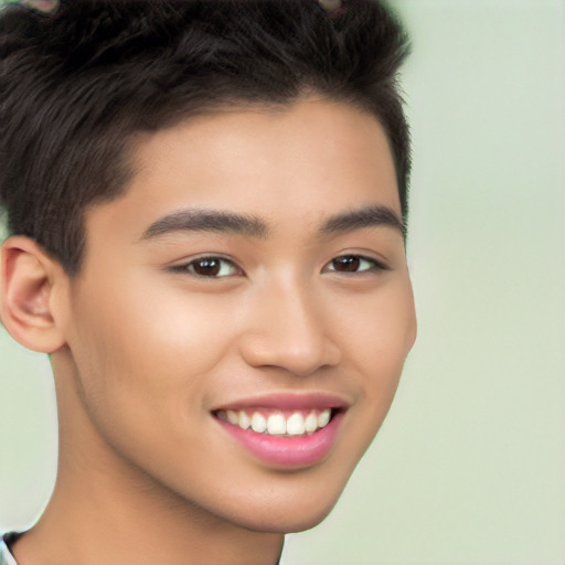 Joyful latino young-adult male with short  brown hair and brown eyes