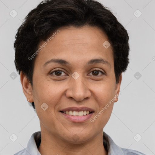 Joyful white adult female with short  brown hair and brown eyes