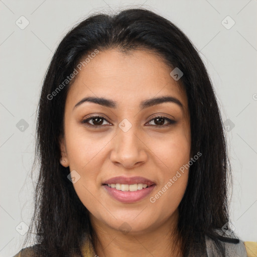 Joyful latino young-adult female with long  brown hair and brown eyes