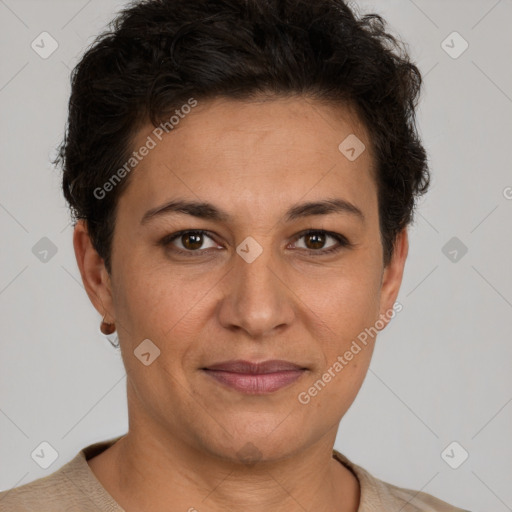 Joyful white adult female with short  brown hair and brown eyes