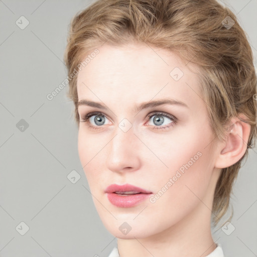 Neutral white young-adult female with medium  brown hair and grey eyes