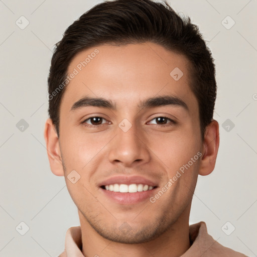 Joyful white young-adult male with short  brown hair and brown eyes