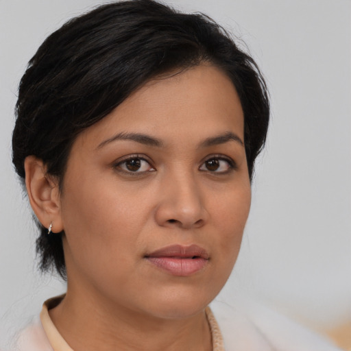 Neutral asian young-adult female with medium  black hair and brown eyes