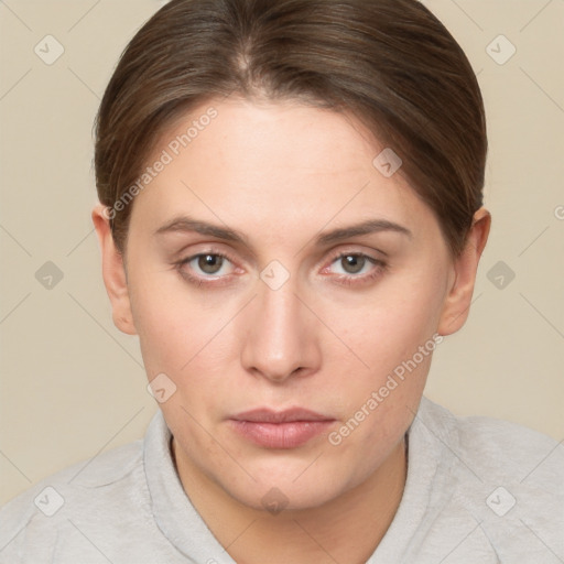 Neutral white young-adult female with short  brown hair and brown eyes