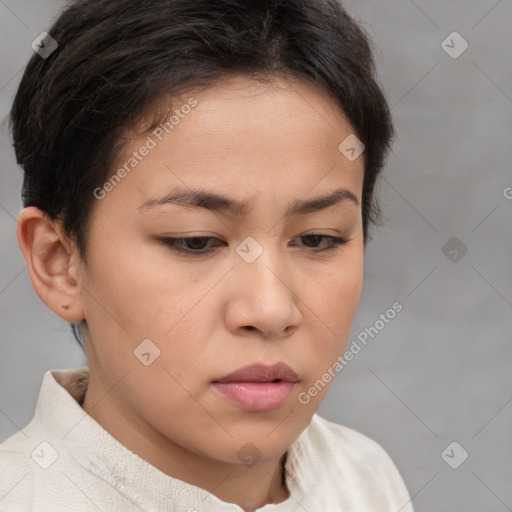 Neutral white young-adult female with short  brown hair and brown eyes