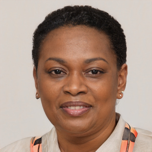 Joyful black adult female with short  black hair and brown eyes