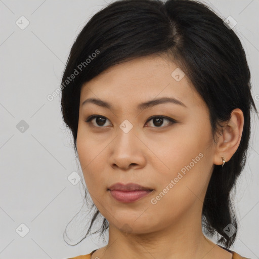 Neutral asian young-adult female with medium  black hair and brown eyes