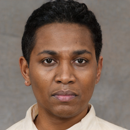 Neutral black young-adult male with short  black hair and brown eyes