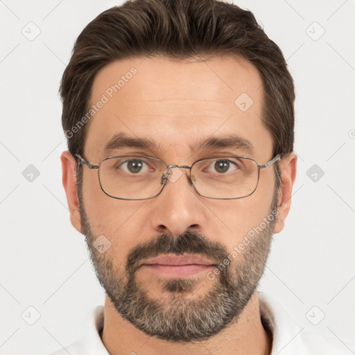 Neutral white adult male with short  brown hair and brown eyes