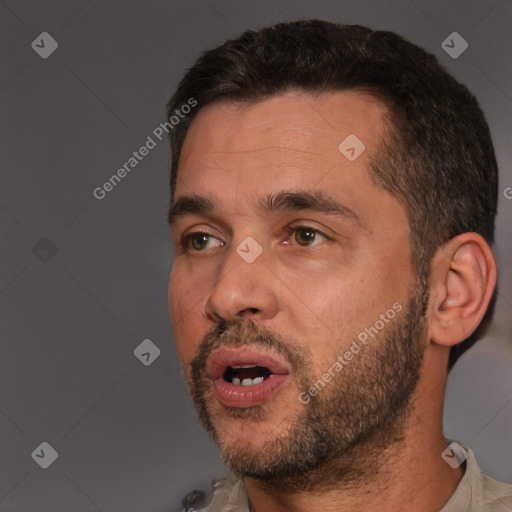 Neutral white adult male with short  brown hair and brown eyes