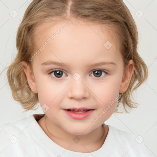 Joyful white child female with medium  brown hair and brown eyes