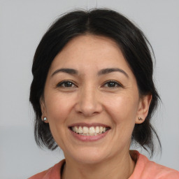 Joyful white adult female with medium  brown hair and brown eyes