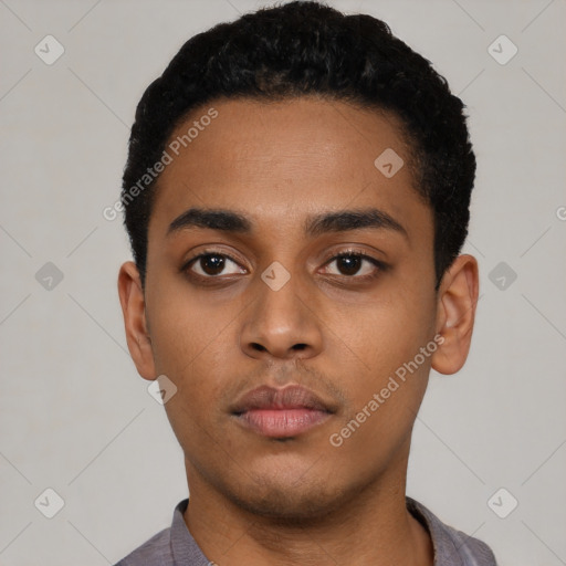 Neutral latino young-adult male with short  black hair and brown eyes