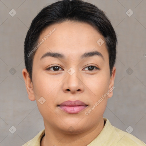 Joyful asian young-adult female with short  brown hair and brown eyes