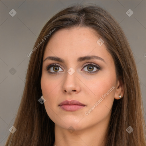 Neutral white young-adult female with long  brown hair and brown eyes