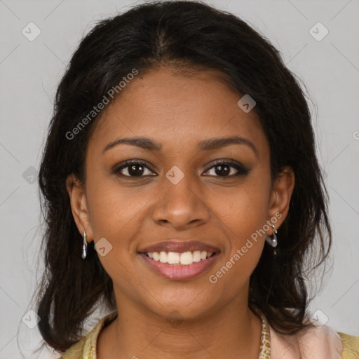 Joyful black young-adult female with medium  brown hair and brown eyes