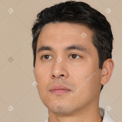 Neutral asian young-adult male with short  black hair and brown eyes