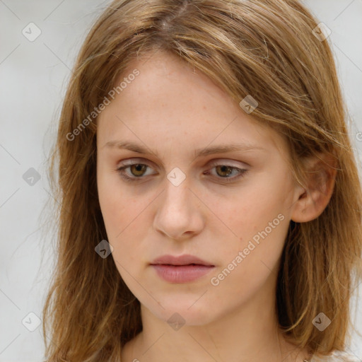 Neutral white young-adult female with long  brown hair and brown eyes