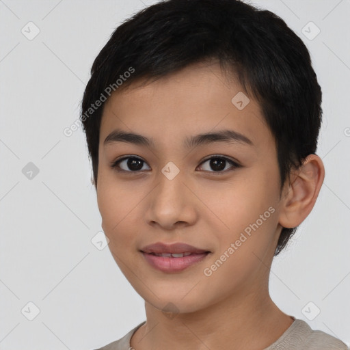 Joyful asian young-adult female with short  black hair and brown eyes