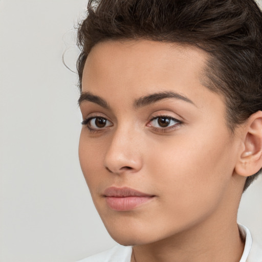 Neutral white young-adult female with short  brown hair and brown eyes