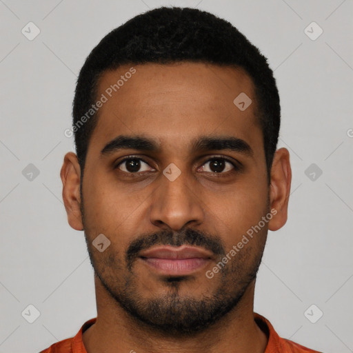 Neutral latino young-adult male with short  black hair and brown eyes