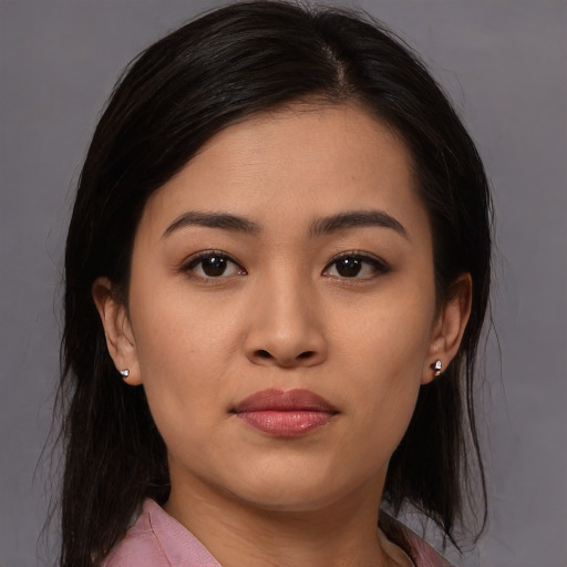 Joyful asian young-adult female with medium  brown hair and brown eyes