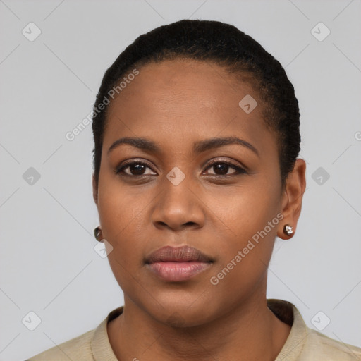 Neutral black young-adult female with short  black hair and brown eyes