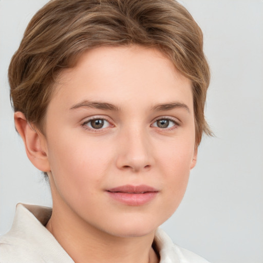 Neutral white young-adult female with short  brown hair and brown eyes