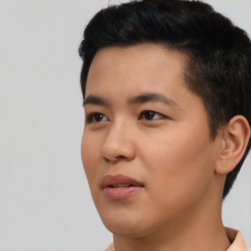 Neutral asian young-adult male with short  black hair and brown eyes
