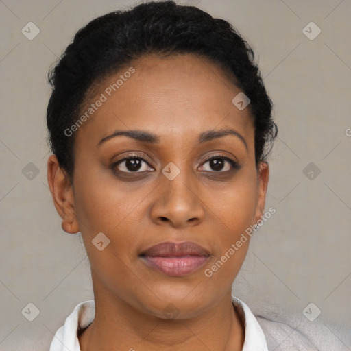 Joyful black young-adult female with short  brown hair and brown eyes