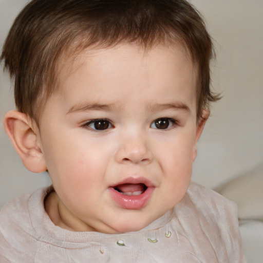 Joyful white child female with short  brown hair and brown eyes