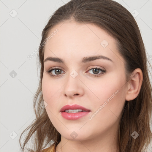 Neutral white young-adult female with long  brown hair and brown eyes