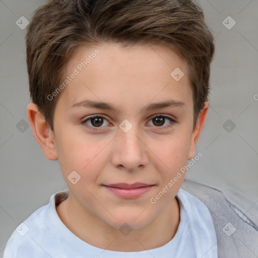 Joyful white child female with short  brown hair and brown eyes