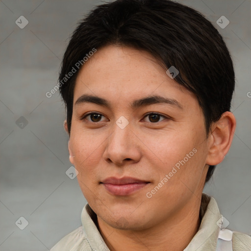 Joyful white adult female with short  brown hair and brown eyes