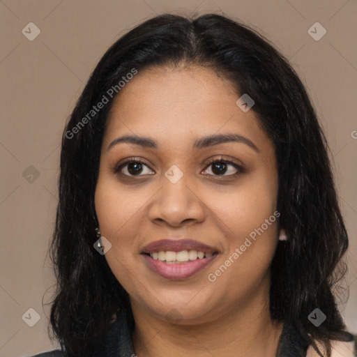 Joyful latino young-adult female with long  black hair and brown eyes