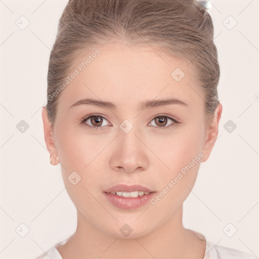 Neutral white young-adult female with short  brown hair and brown eyes