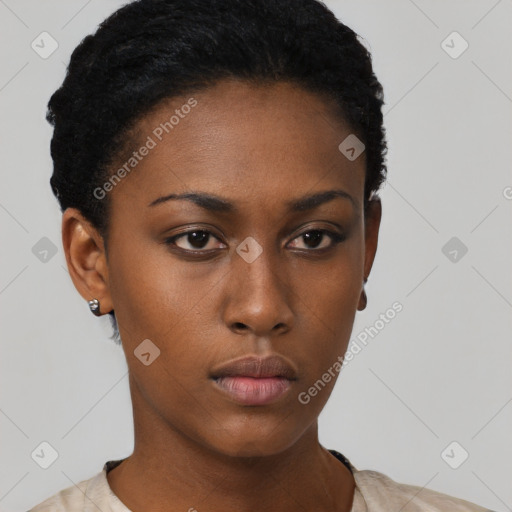 Neutral black young-adult female with short  black hair and brown eyes