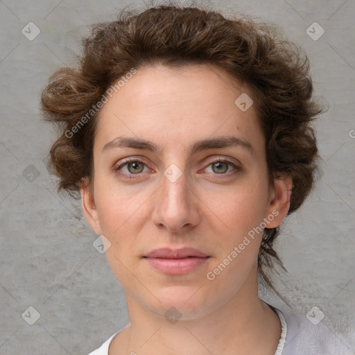 Neutral white young-adult female with short  brown hair and brown eyes