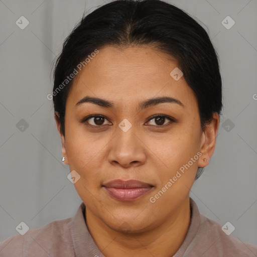 Joyful asian young-adult female with short  brown hair and brown eyes