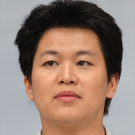 Neutral asian young-adult male with short  brown hair and brown eyes