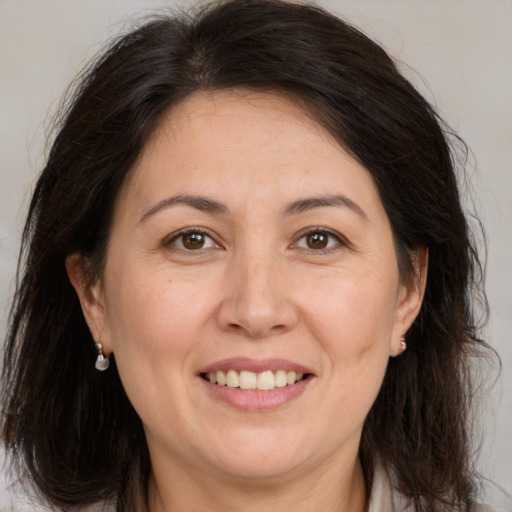 Joyful white adult female with medium  brown hair and brown eyes