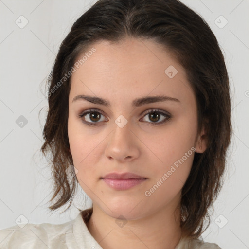 Neutral white young-adult female with medium  brown hair and brown eyes