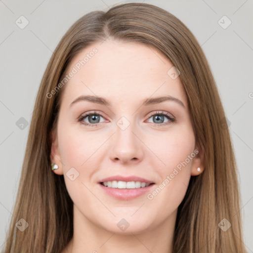 Joyful white young-adult female with long  brown hair and grey eyes