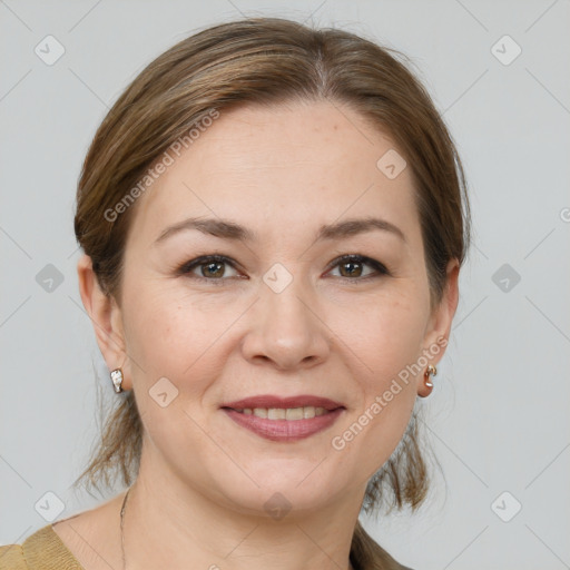 Joyful white young-adult female with medium  brown hair and grey eyes