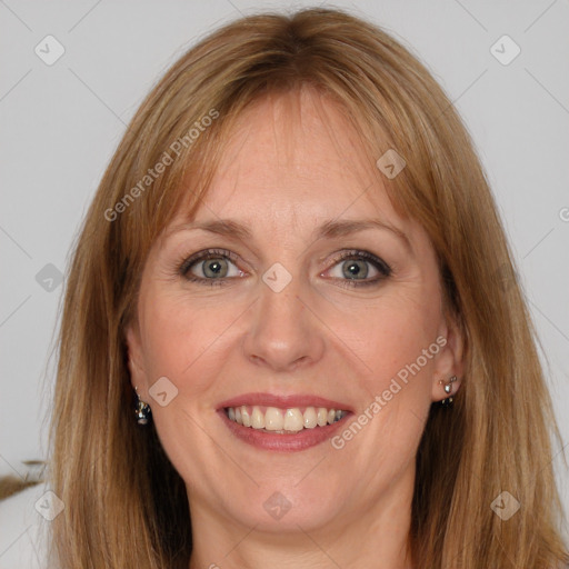 Joyful white adult female with medium  brown hair and grey eyes