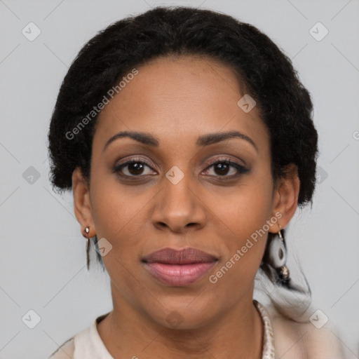 Joyful latino young-adult female with short  black hair and brown eyes